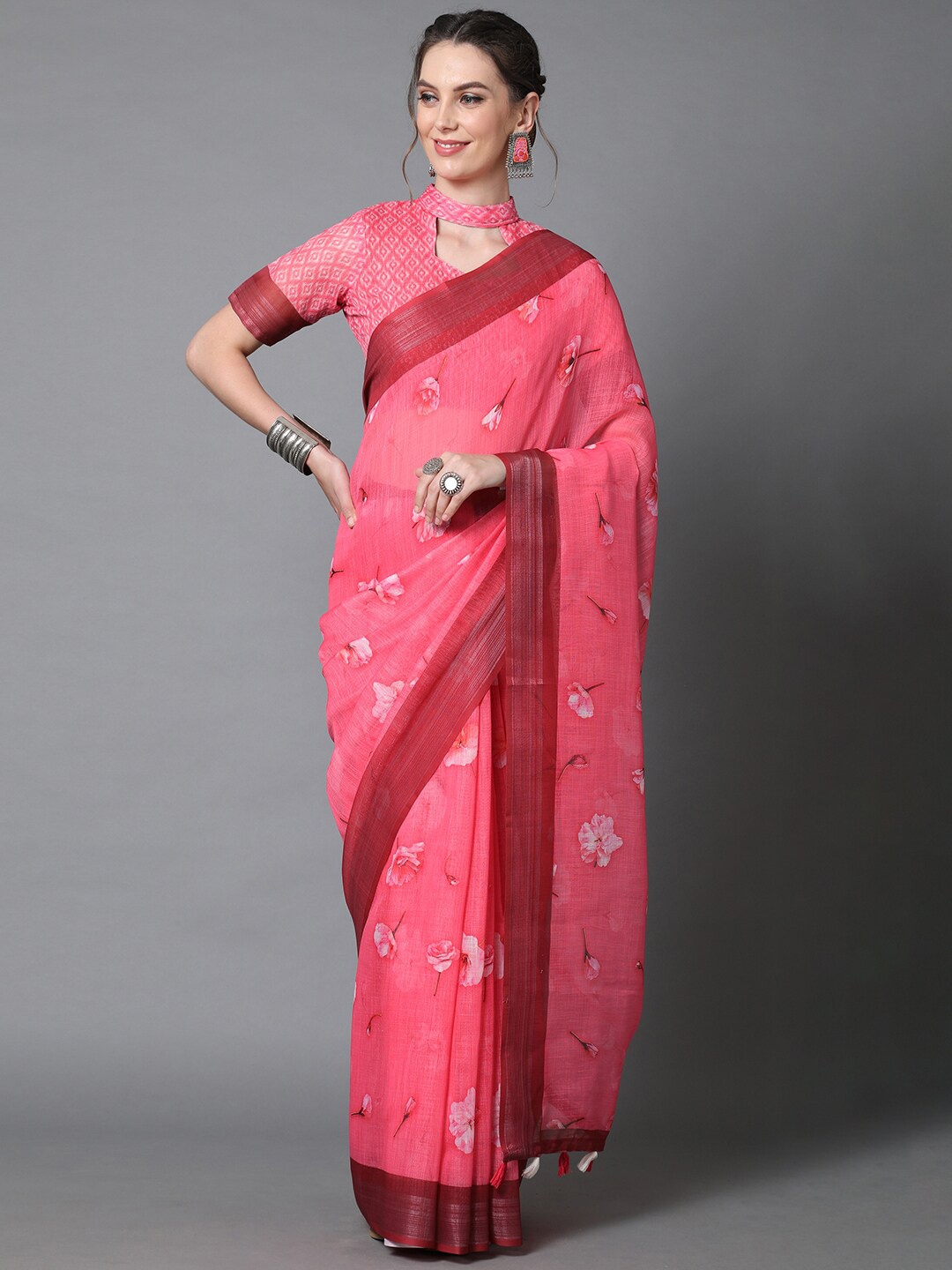 Mitera Pink & White Floral Linen Blend Saree