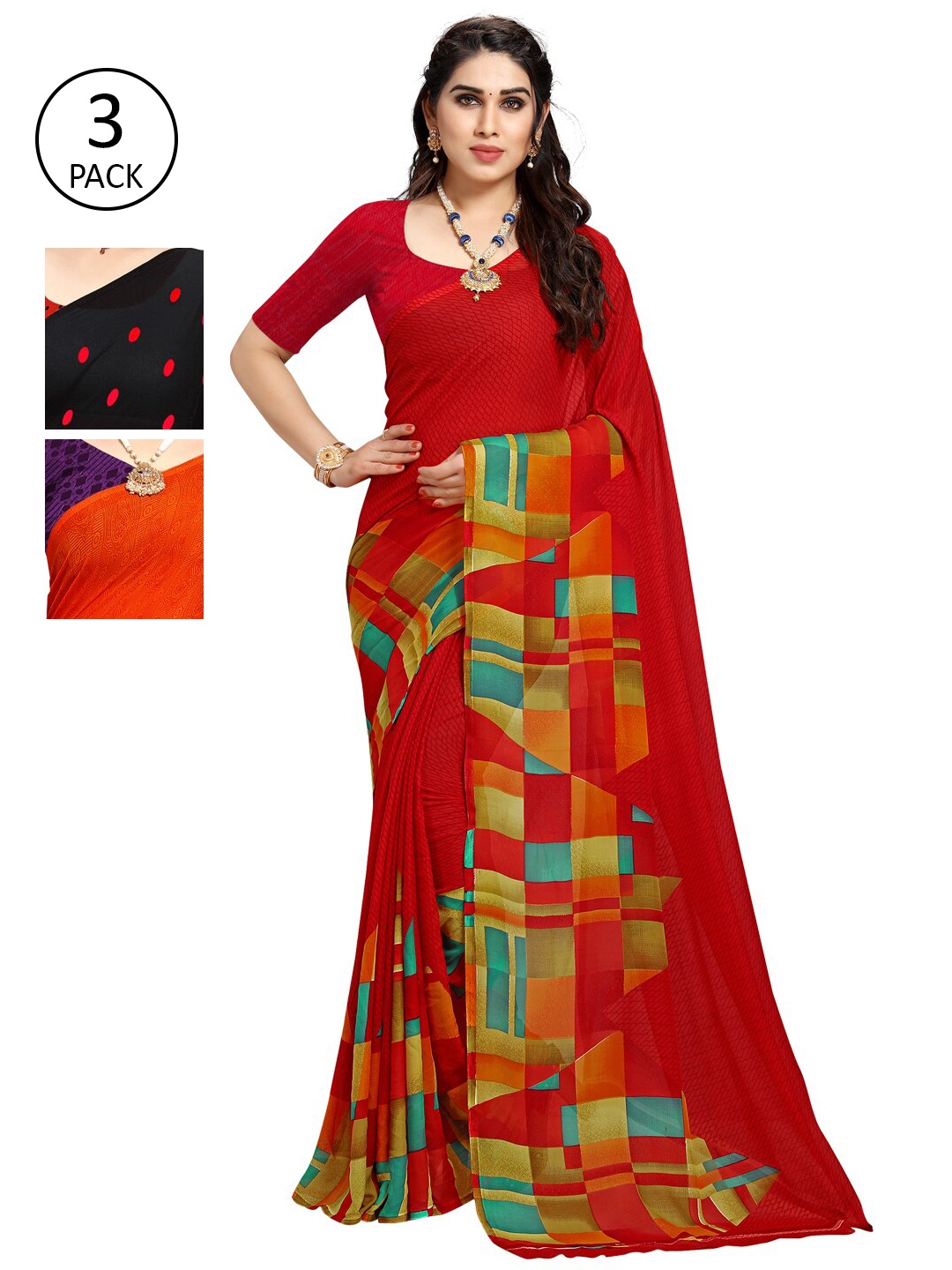 

KALINI Women Pack of 3 Printed Sarees, Red