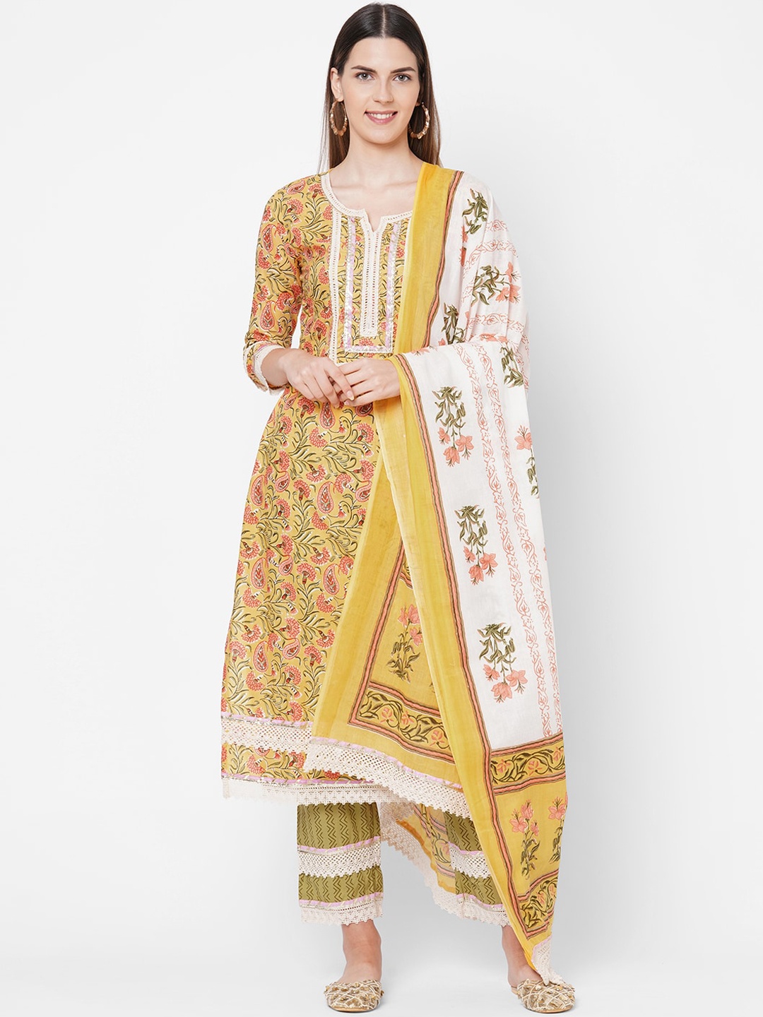 

FASHOR Women Mustard Yellow Ethnic Motifs Printed Pure Cotton Kurta with Trousers & With Dupatta