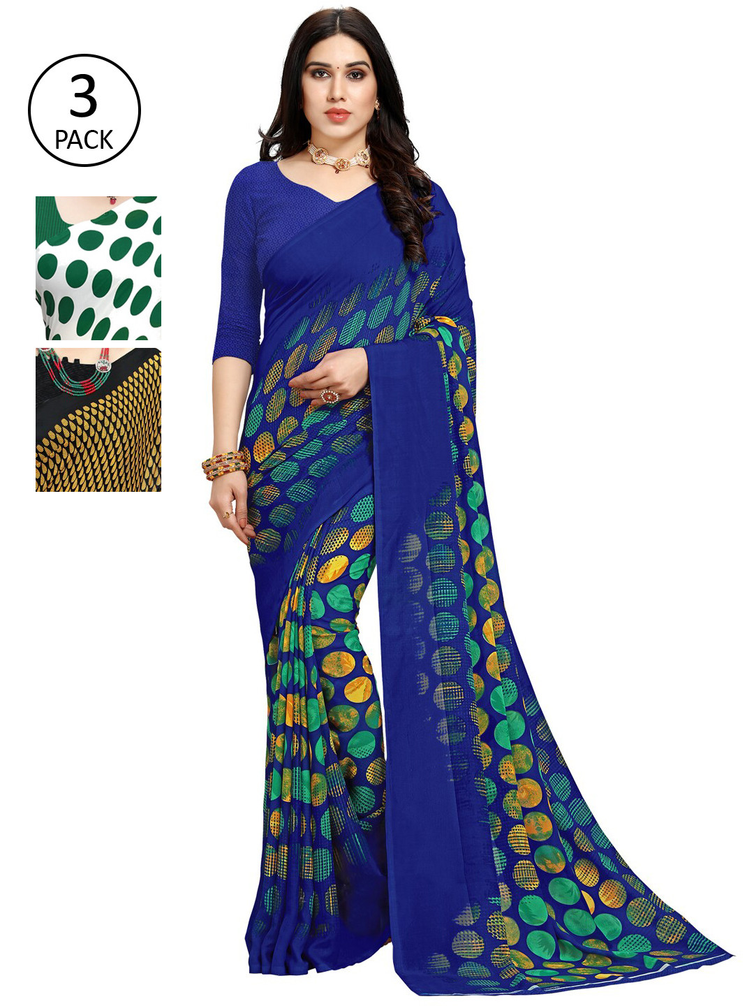 

KALINI Pack Of 3 Yellow & Blue Saree