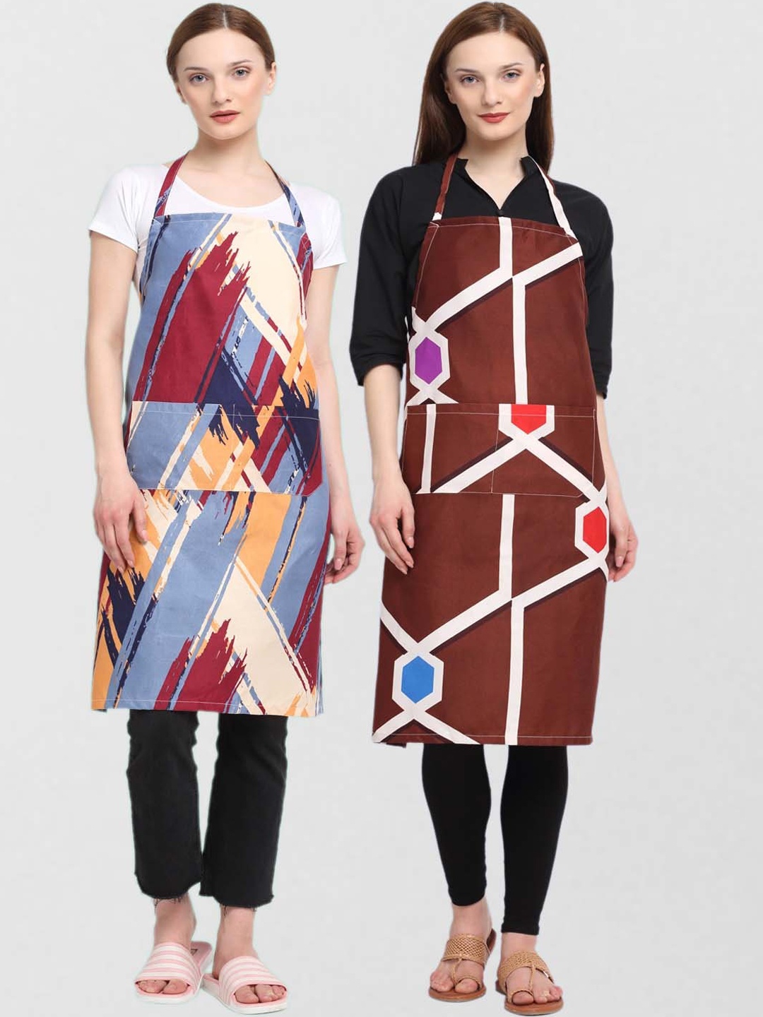 KLOTTHE Pack Of 2 Printed 210 TC Cotton Aprons, Brown