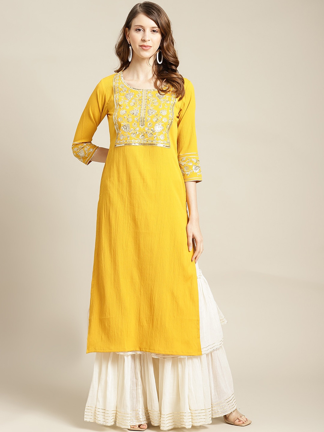 

Varanga Women Mustard Yellow & Off White Embellished Keyhole Neck Thread Work Crepe Kurta