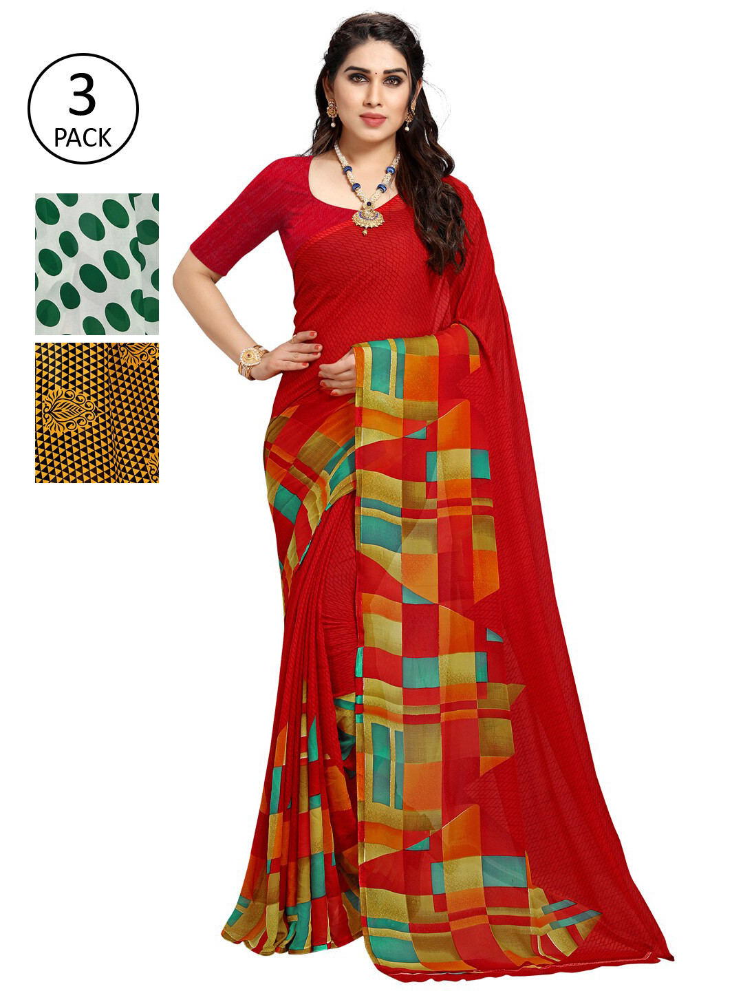 

KALINI Green & White Pack of 3 Printed Saree