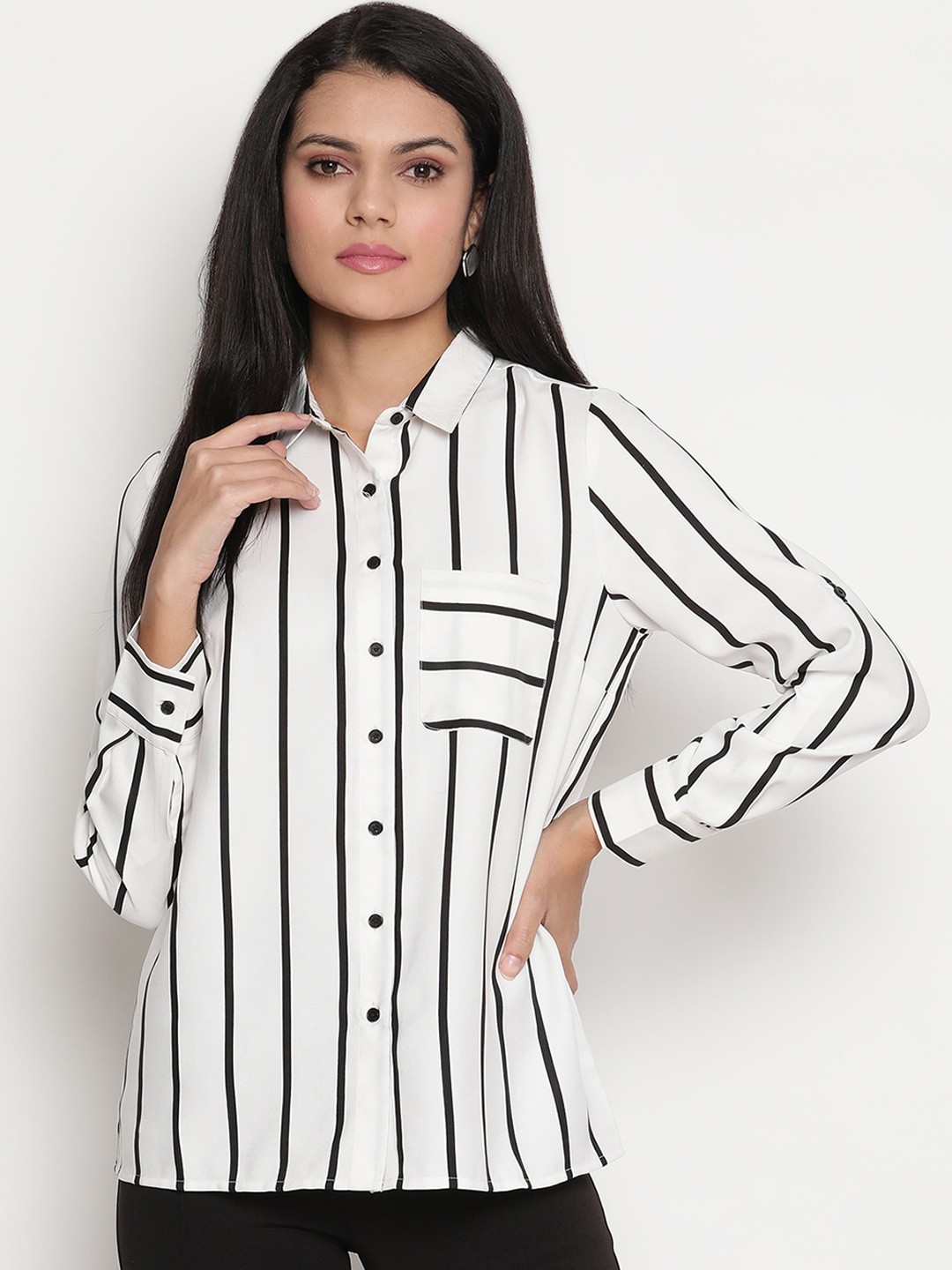 

HOUSE OF KKARMA Women White Striped Casual Shirt