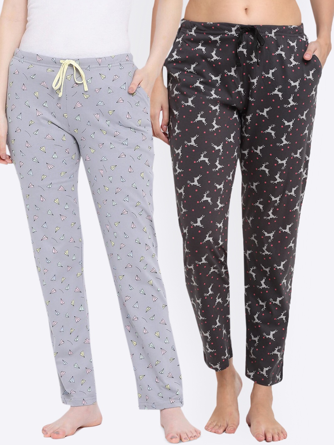 

Kanvin Women Pack Of 2 Printed Pure Cotton Lounge Pants, Charcoal