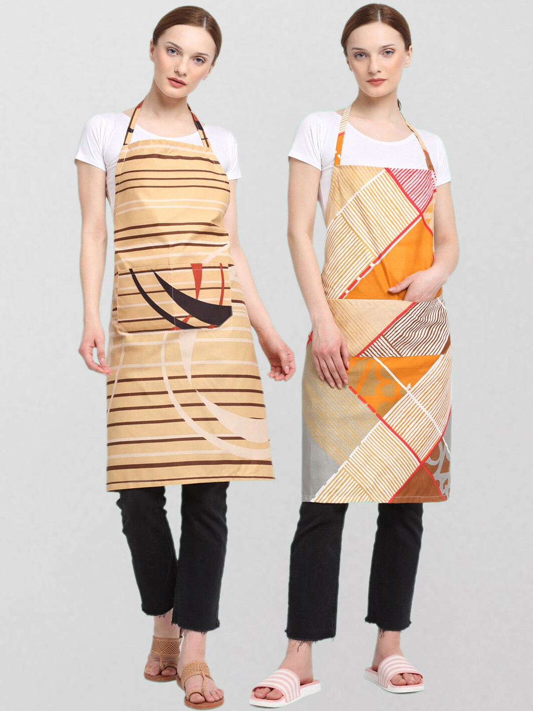 

KLOTTHE Unisex Pack Of 2 Printed Cotton 210 TC Aprons, Beige