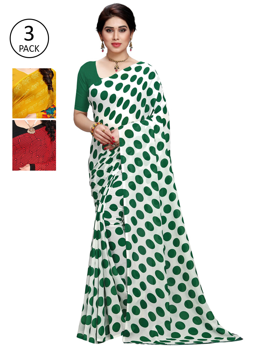 

KALINI White & Green Pack of 3 Printed Saree