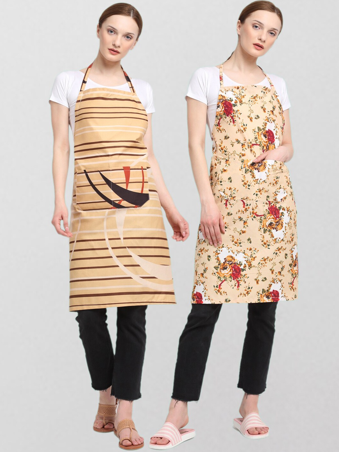 

KLOTTHE Unisex Pack Of 2 Printed 210TC Cotton Aprons, Beige