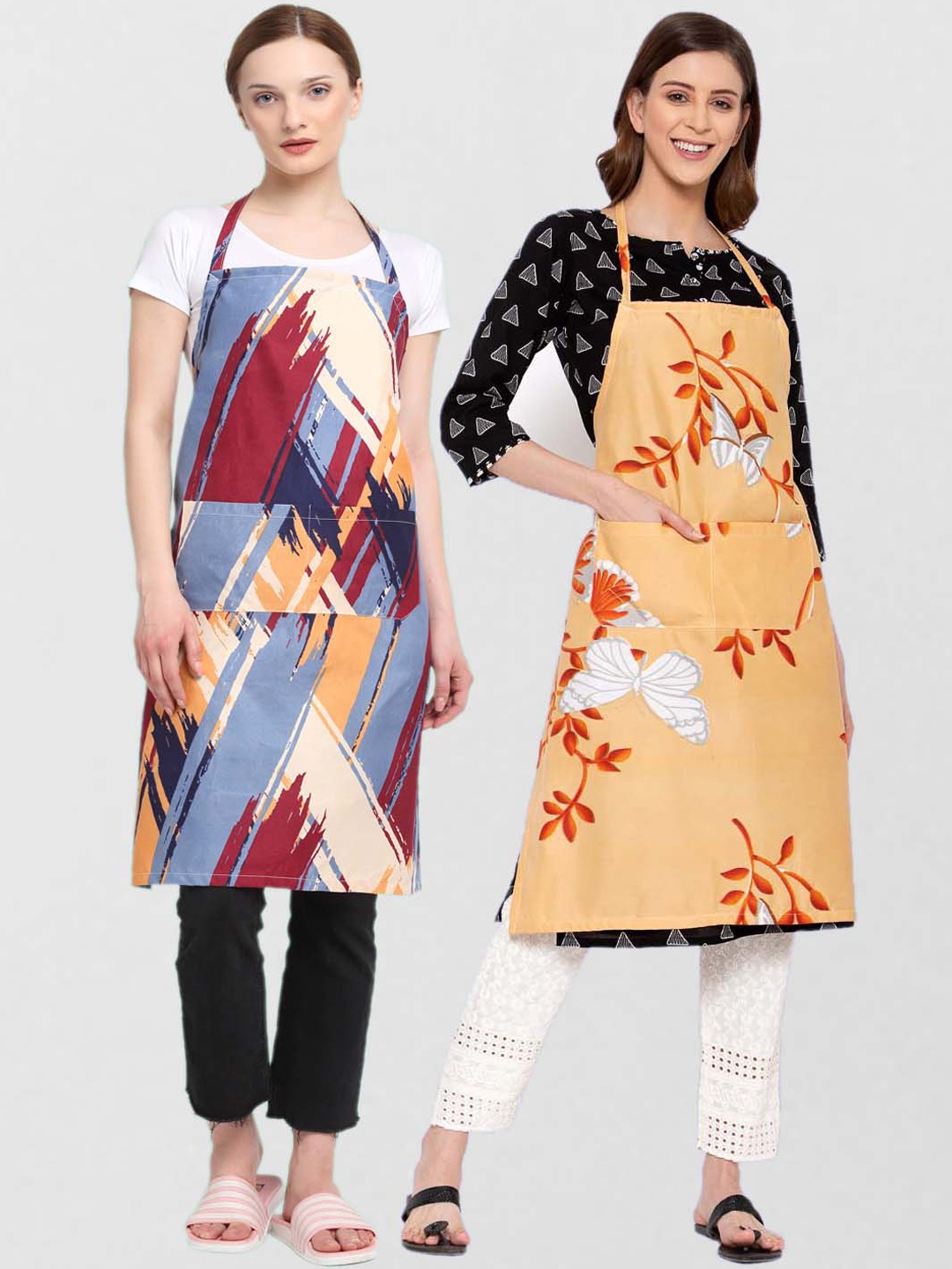 KLOTTHE Unisex Pack Of 2 Printed 210 TC Cotton Aprons, Beige