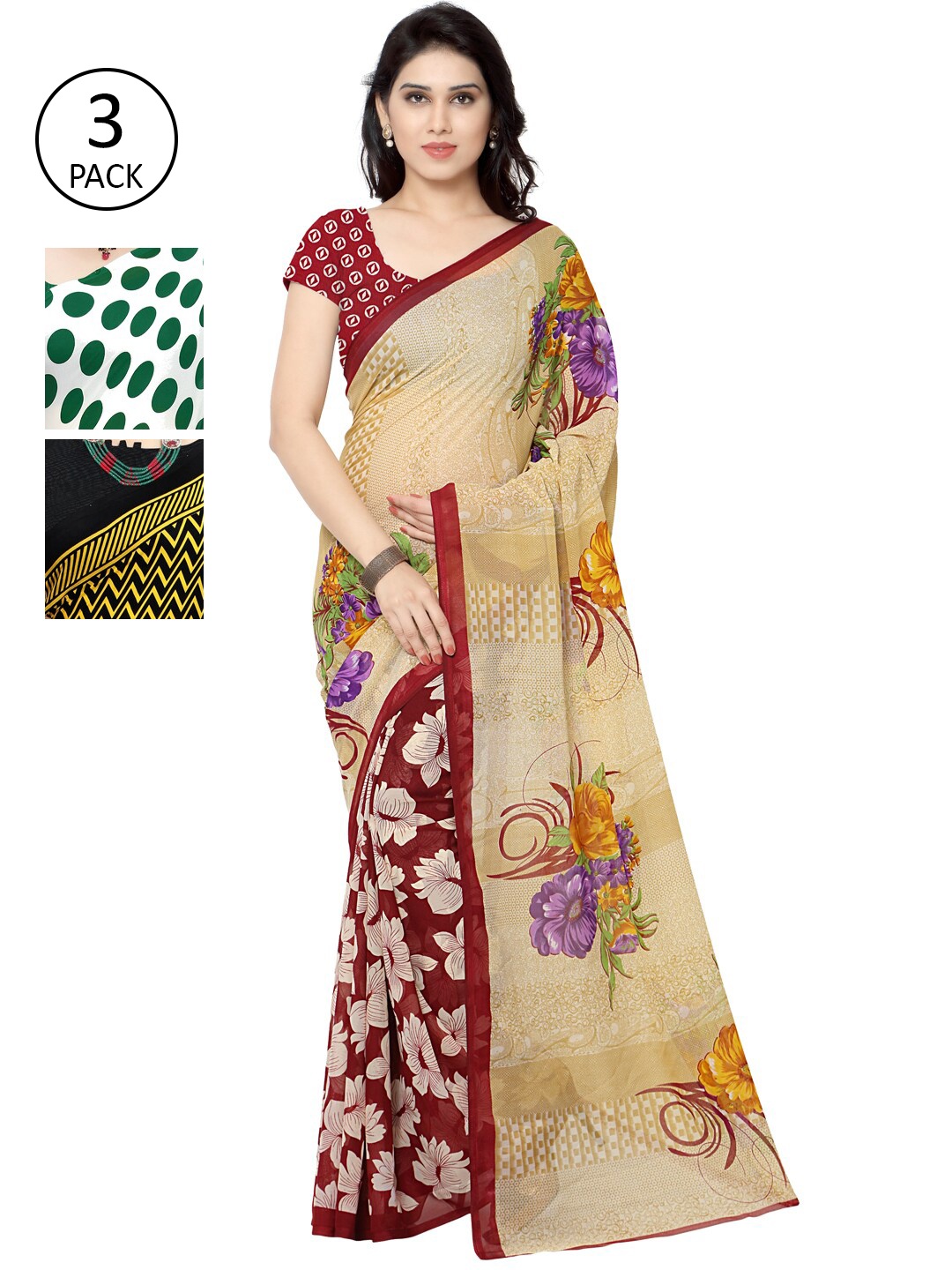 

KALINI Pack of 3 Poly Geirgette Printed Sarees, White