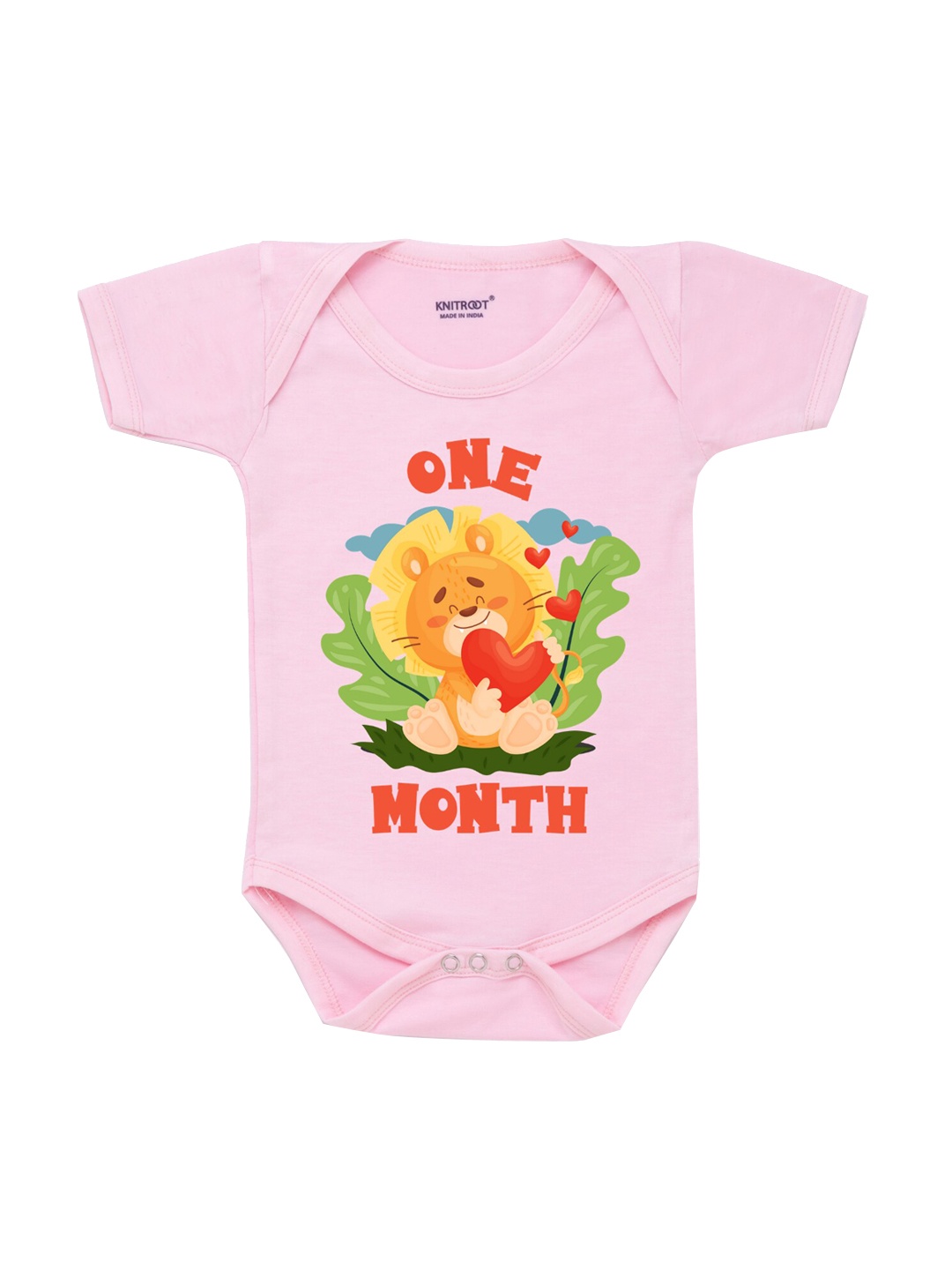 KNITROOT Infant Kids Pink & Orange Lion One Month Printed Bodysuit