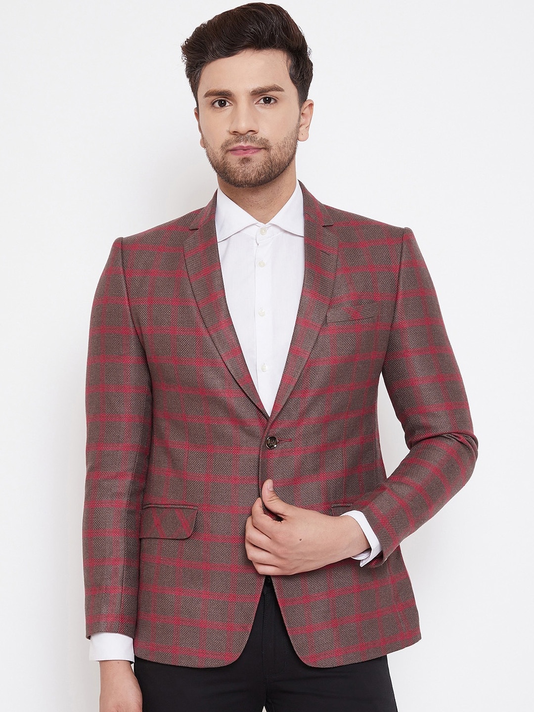 

Spirit Men Brown & Red Checked Tailored-Fit Formal Blazer