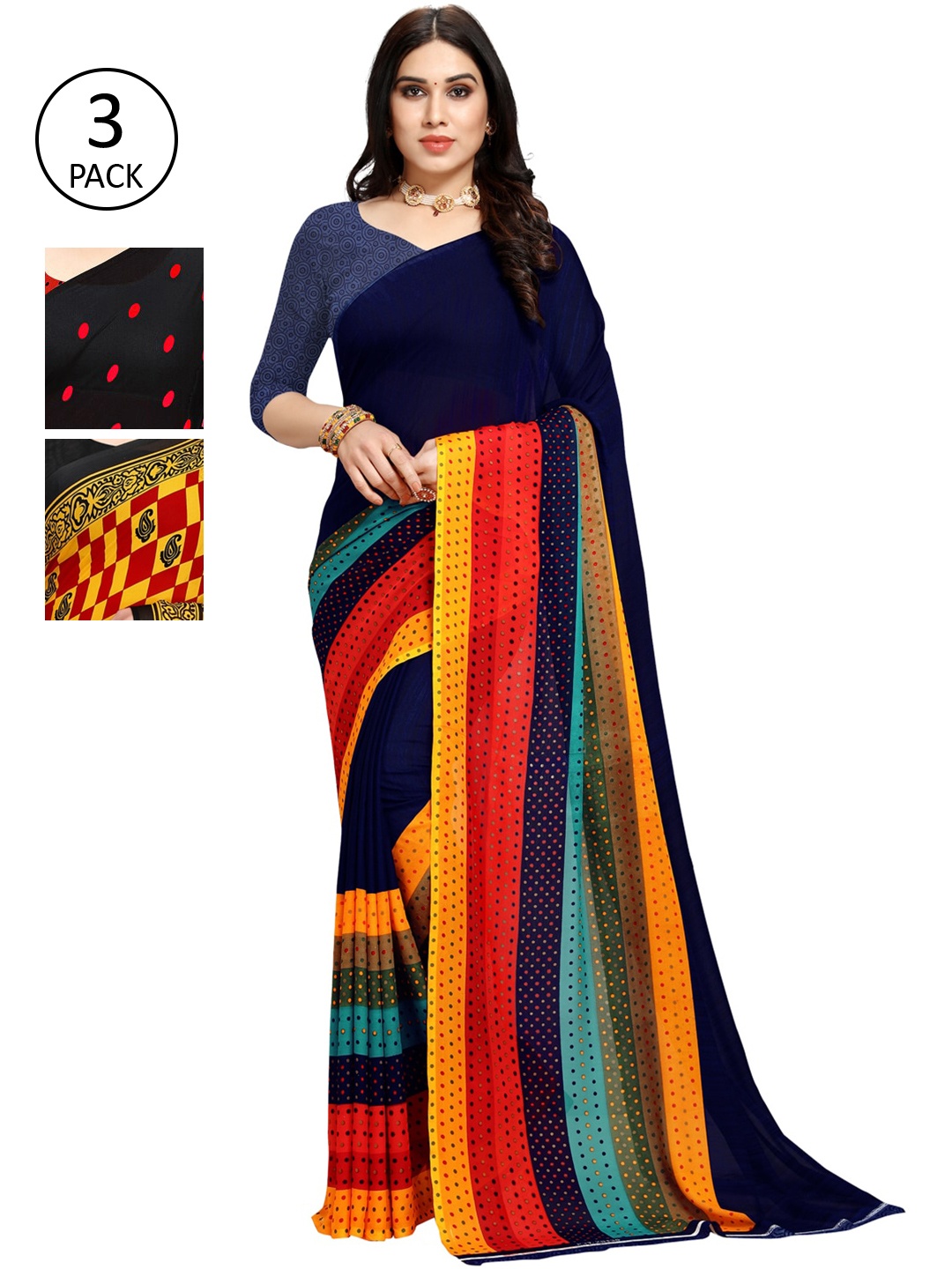 

KALINI Pack Of 3 Printed Sarees, Black