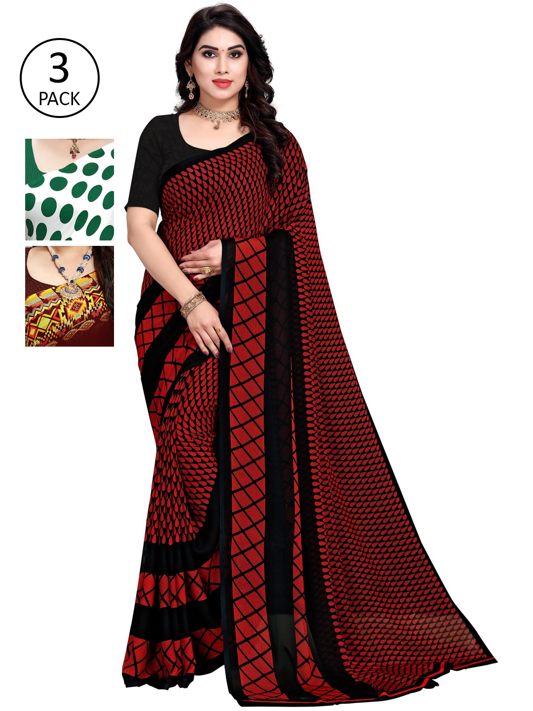 

KALINI Green & Red Pack of 3 Printed Saree
