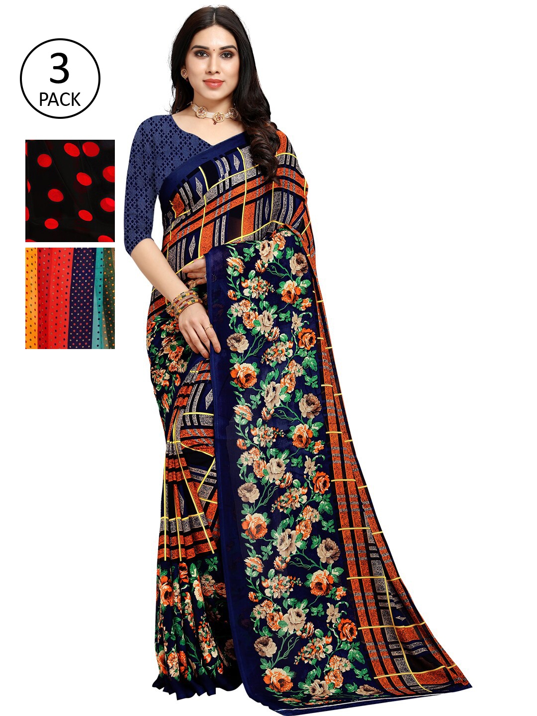 

KALINI Pack of 3 Printed Sarees, Red