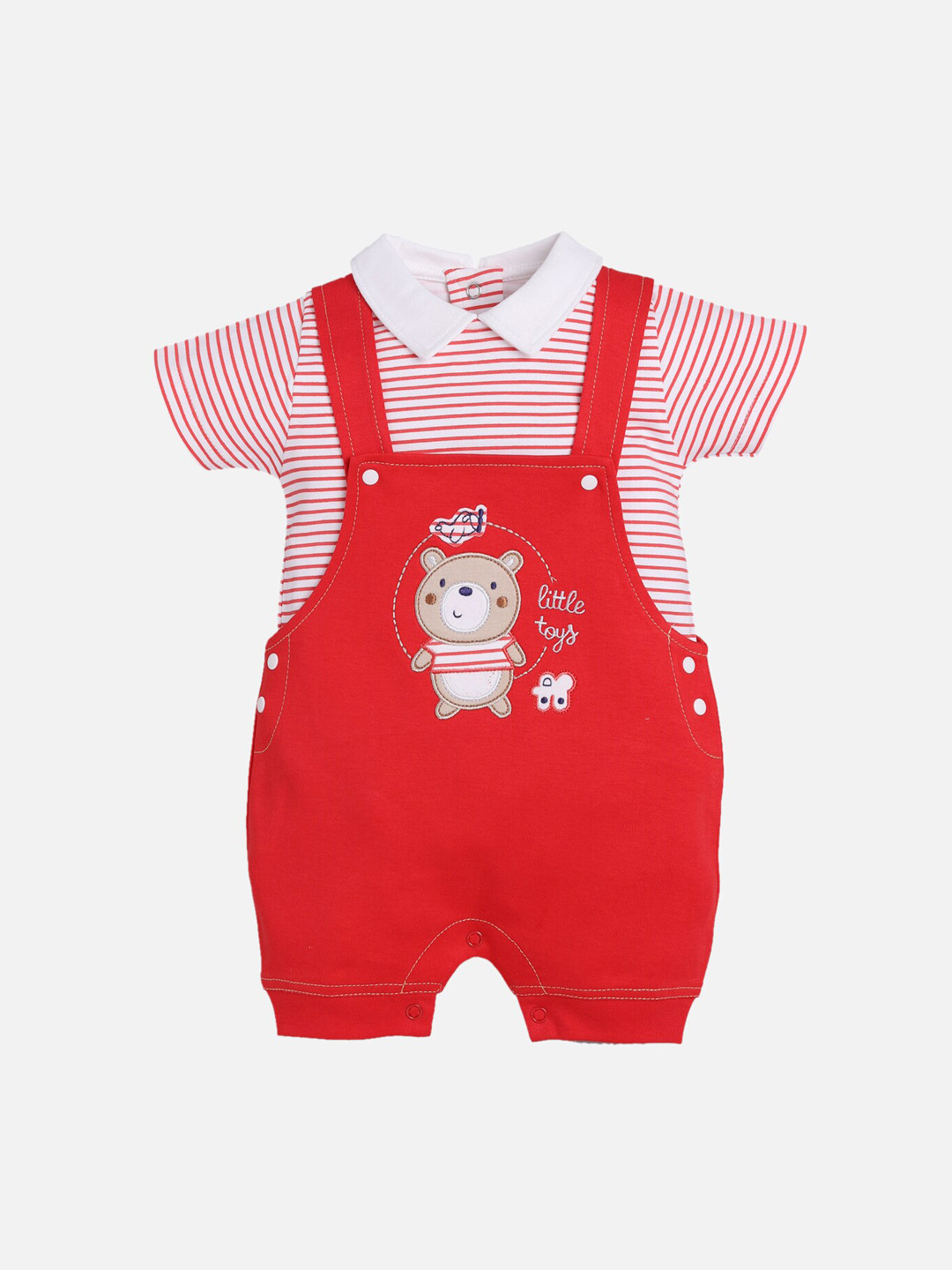 

BABY GO Boys Red & White Pure Cotton Dungaree With T-Shirt