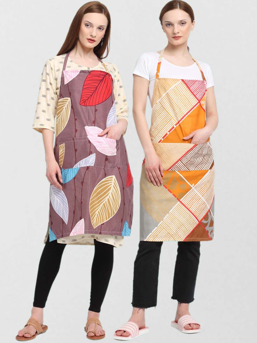 

KLOTTHE Pack Of 2 Printed 210 TC Cotton Aprons, Beige
