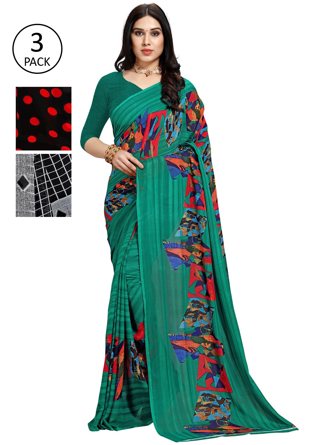 

KALINI Pack of 3 Poly Georgette Sarees, Red