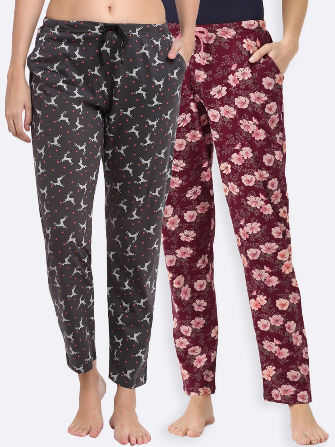 

Kanvin Women Pack Of 2 Printed Pure Cotton Lounge Pants, Charcoal