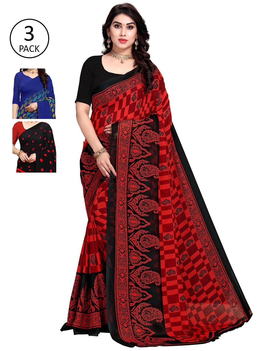 

KALINI Pack Of 3 Printed Sarees, Black