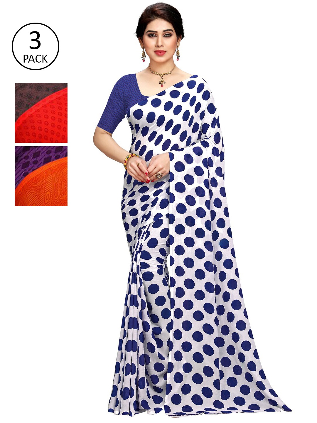 KALINI Pack of 3 Poly Georgette Sarees, Blue