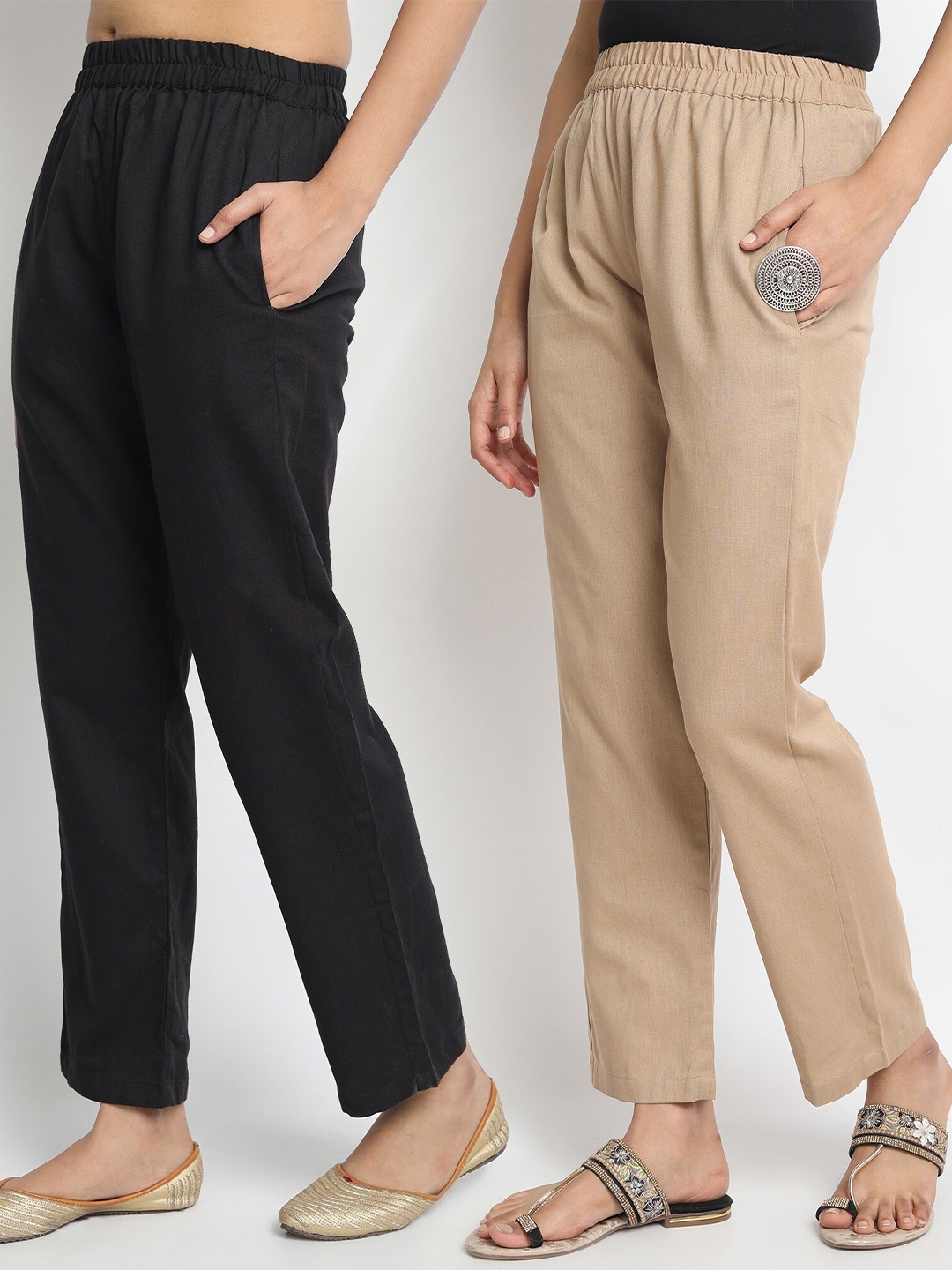 

Molcha Women Beige & Black 2 Cotton Palazzos