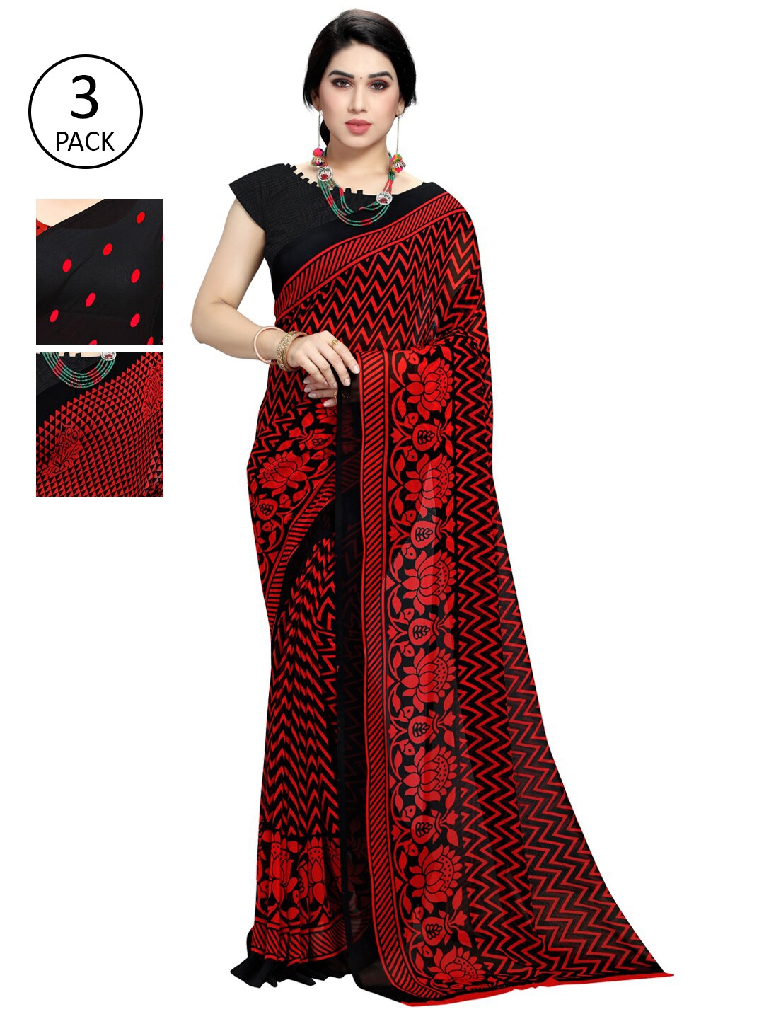 

KALINI Women Pack of 3 Printed Poly Georgette Sarees, Black