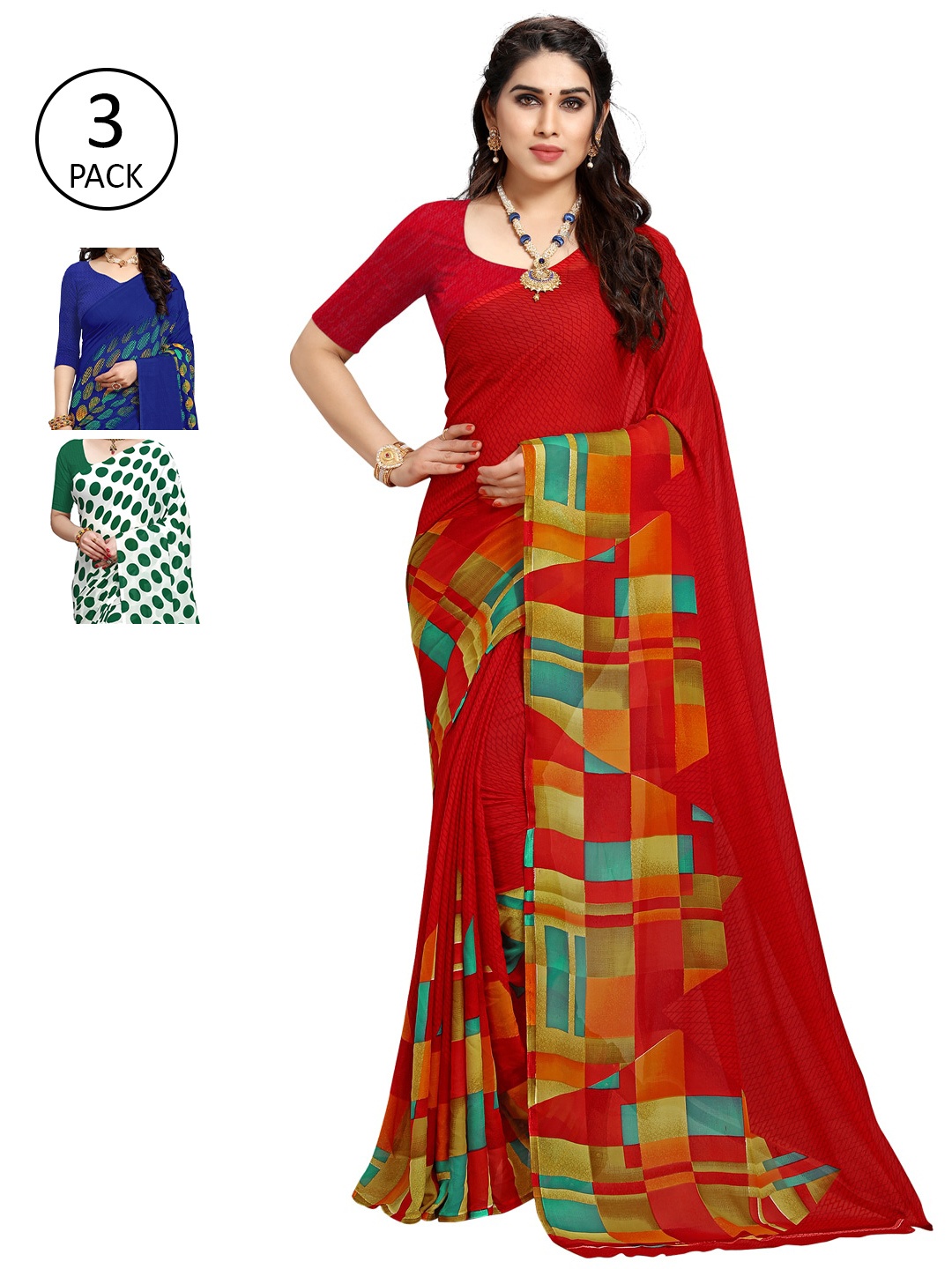 

KALINI Pack of 3 Printed Poly Georgette Saree, Multi
