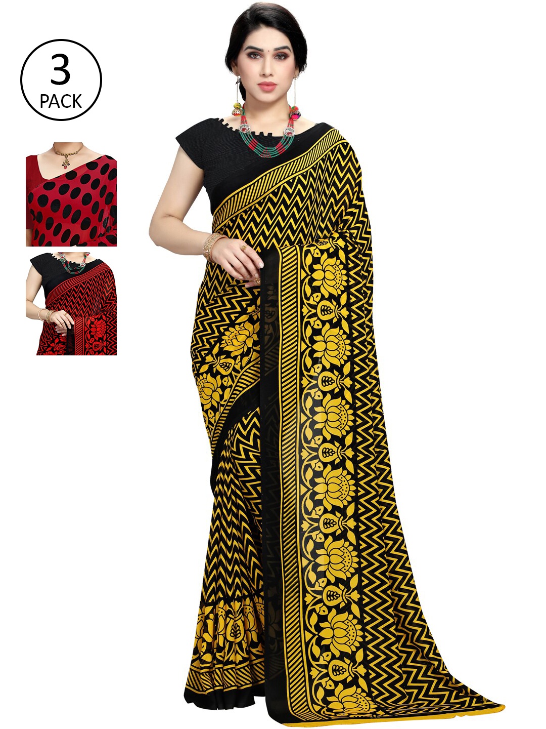 

KALINI Multi Set of 3 Printed Poly Georgette Saree