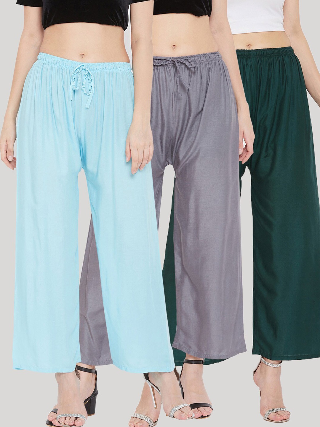

Clora Creation Women Pack of 3 Knitted Palazzos, Turquoise blue