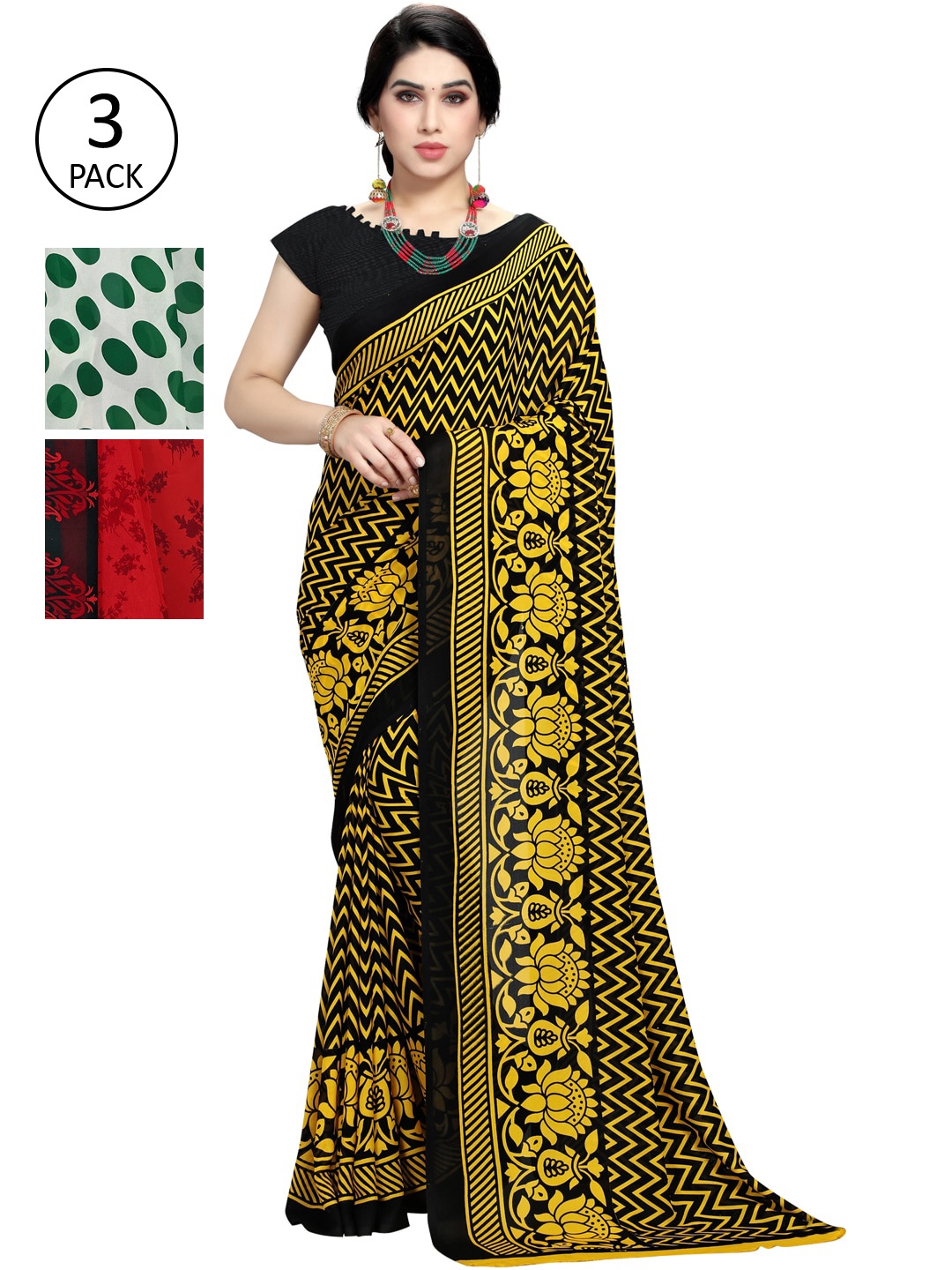 

KALINI Women Pack of 3 Printed Poly Georgette Sarees, White