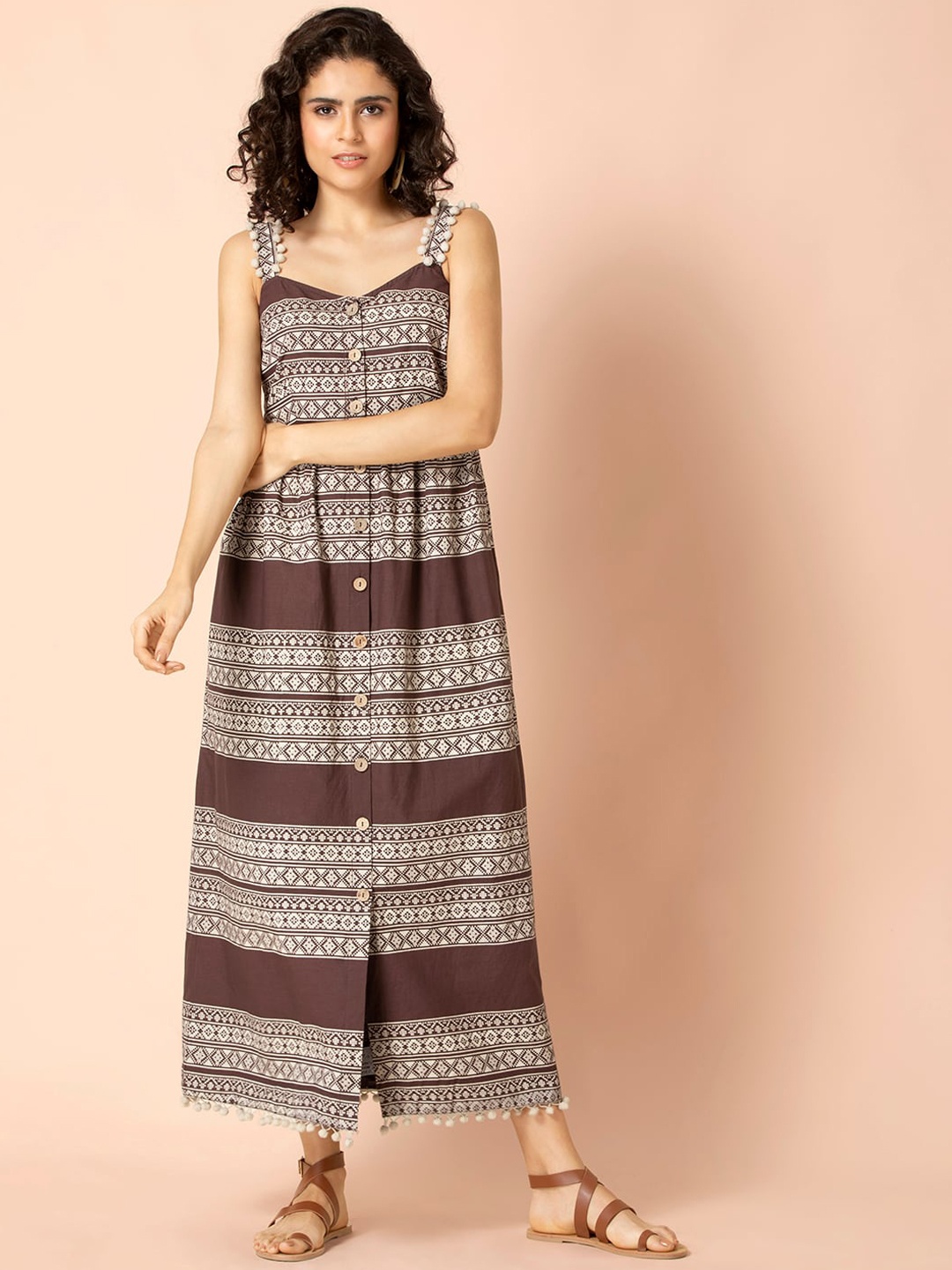 

Earthen BY INDYA Brown Tribal Button Down Maxi Dress
