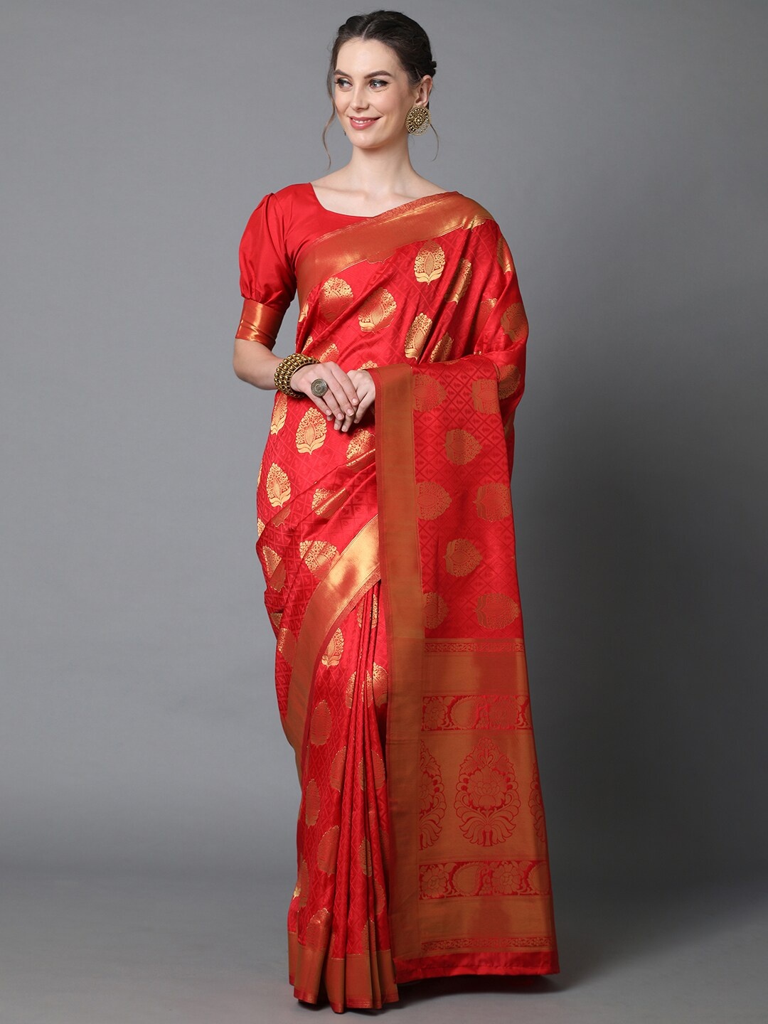 

Mitera Red & Gold-Toned Ethnic Motifs Zari Silk Blend Banarasi Saree