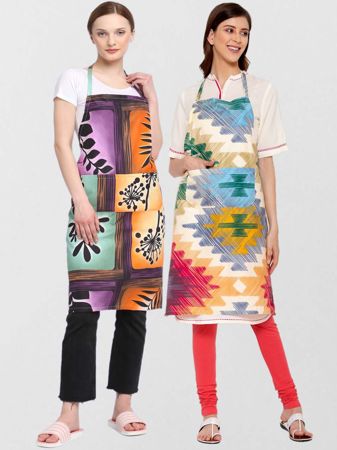 KLOTTHE Unisex Pack Of 2 Printed Cotton 210 TC Aprons, Orange