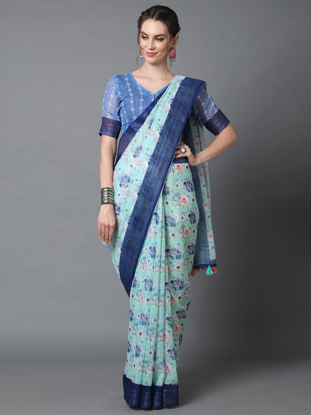 

Mitera Blue & Pink Floral Linen Blend Saree
