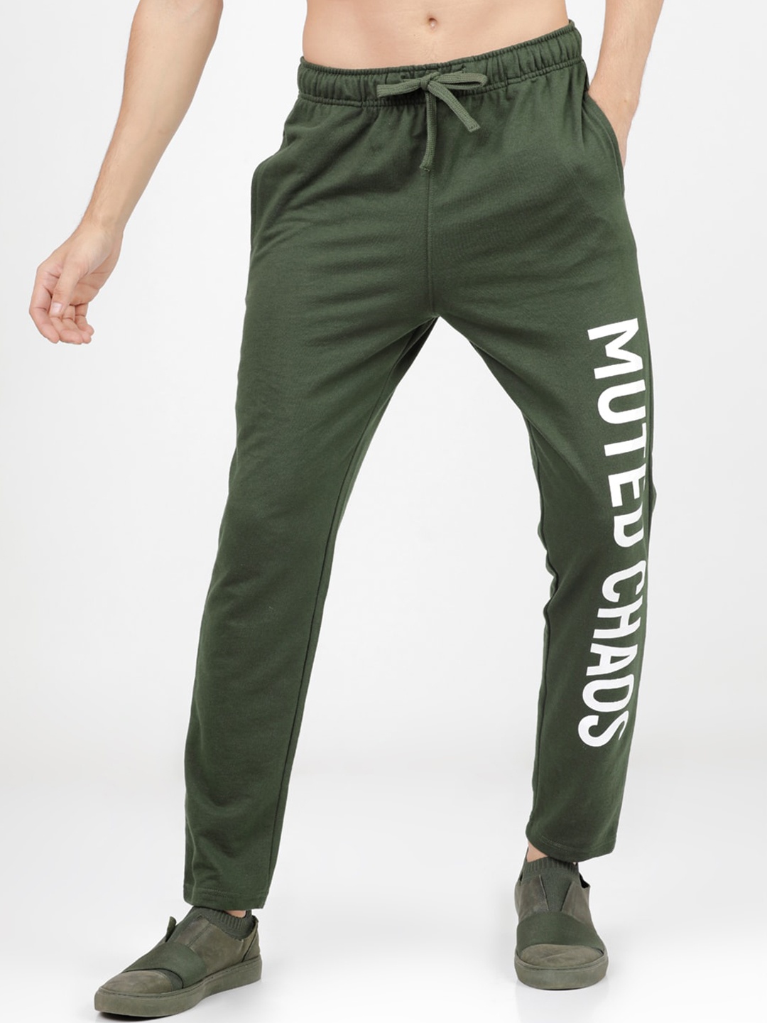 

HIGHLANDER Men Olive Green & White Typography Printed Slim-Fit Track Pants