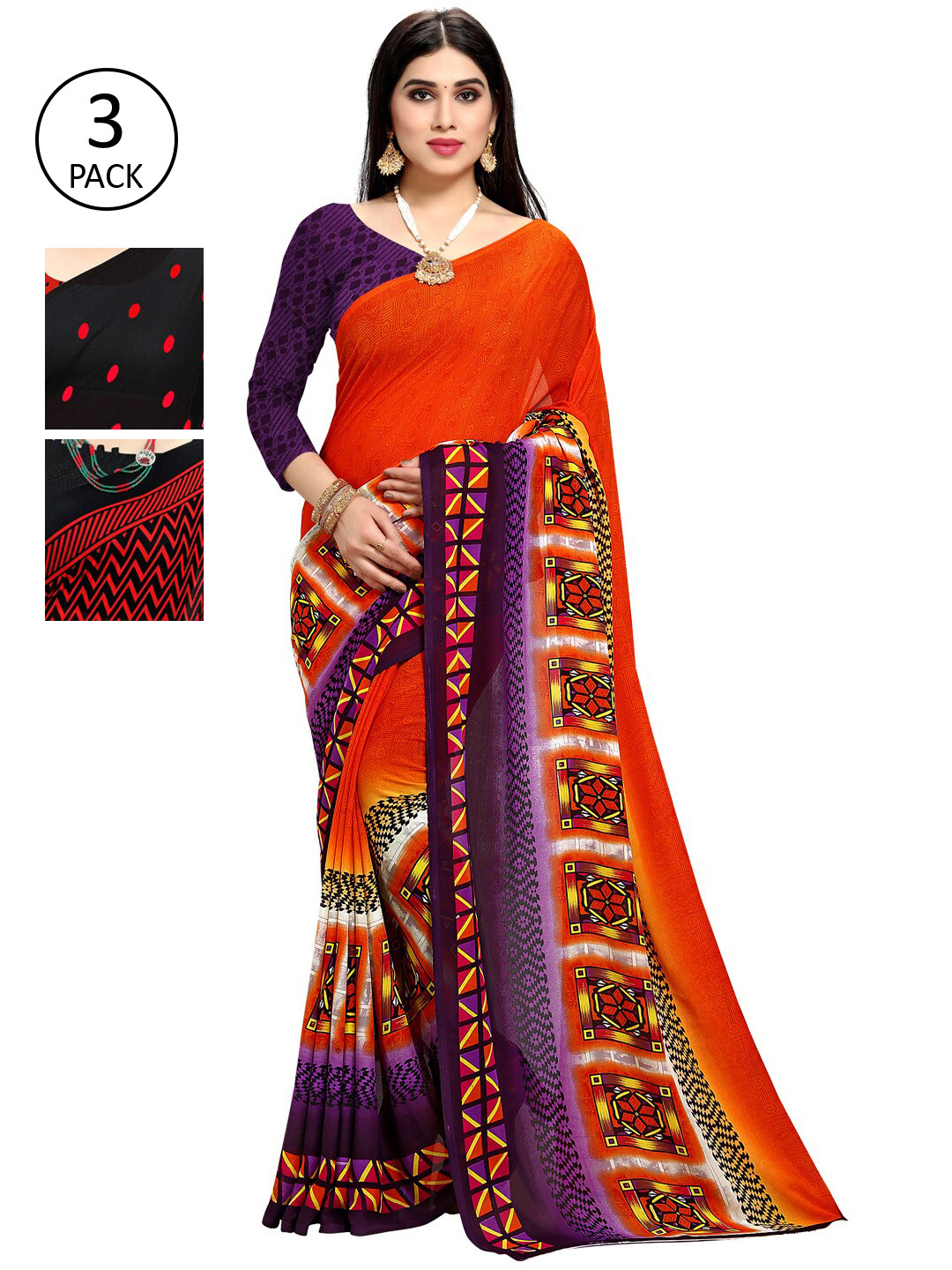 

KALINI Pack of 3 Printed Poly Georgette Saree, Multi