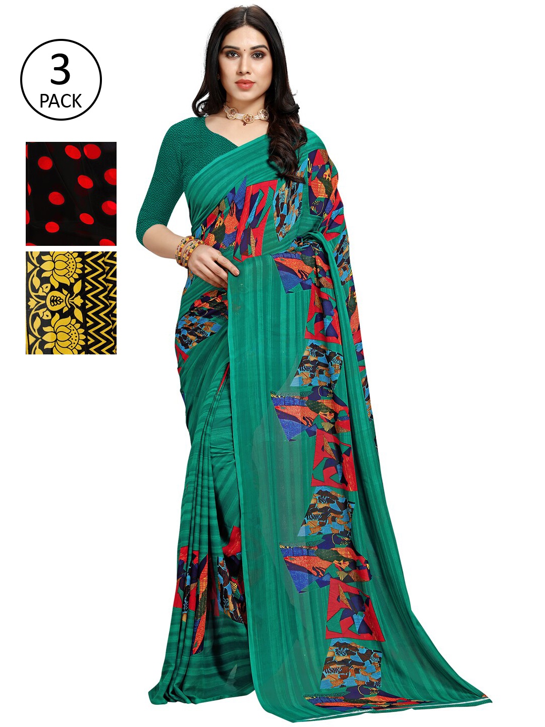 

KALINI Pack Of 3 Printed Sarees, Yellow