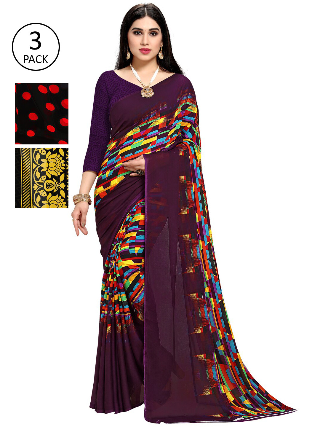 

KALINI Pack of 3 Poly Georgette Printed Sarees, Yellow