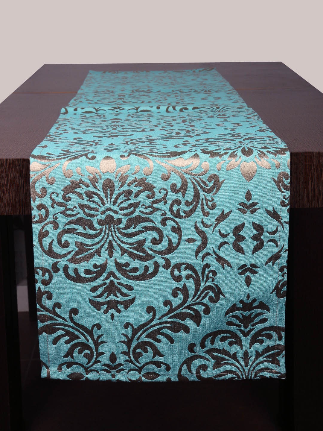 

Home Turquoise Blue & Gold-Coloured Woven Damask Table Runner