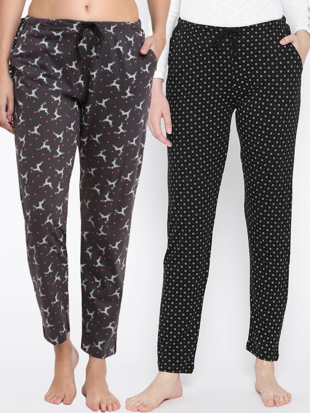 

Kanvin Women Pack Of 2 Printed Pure Cotton Lounge Pants, Charcoal