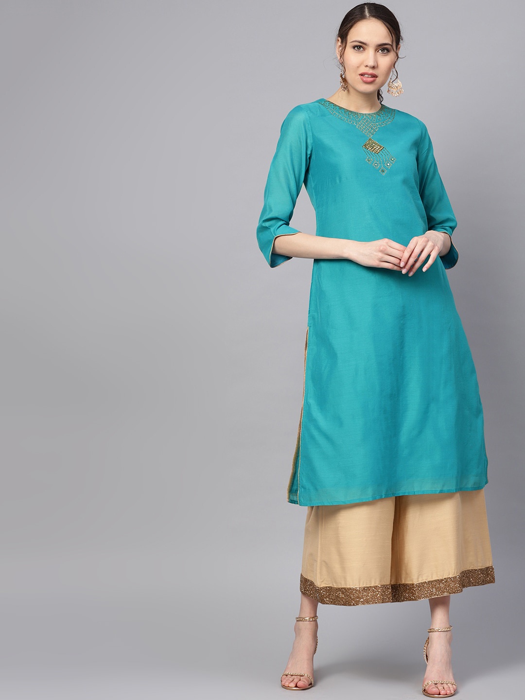 

RARE Women Teal Yoke Design Keyhole Neck Chanderi Silk Chanderi Silk Kurta