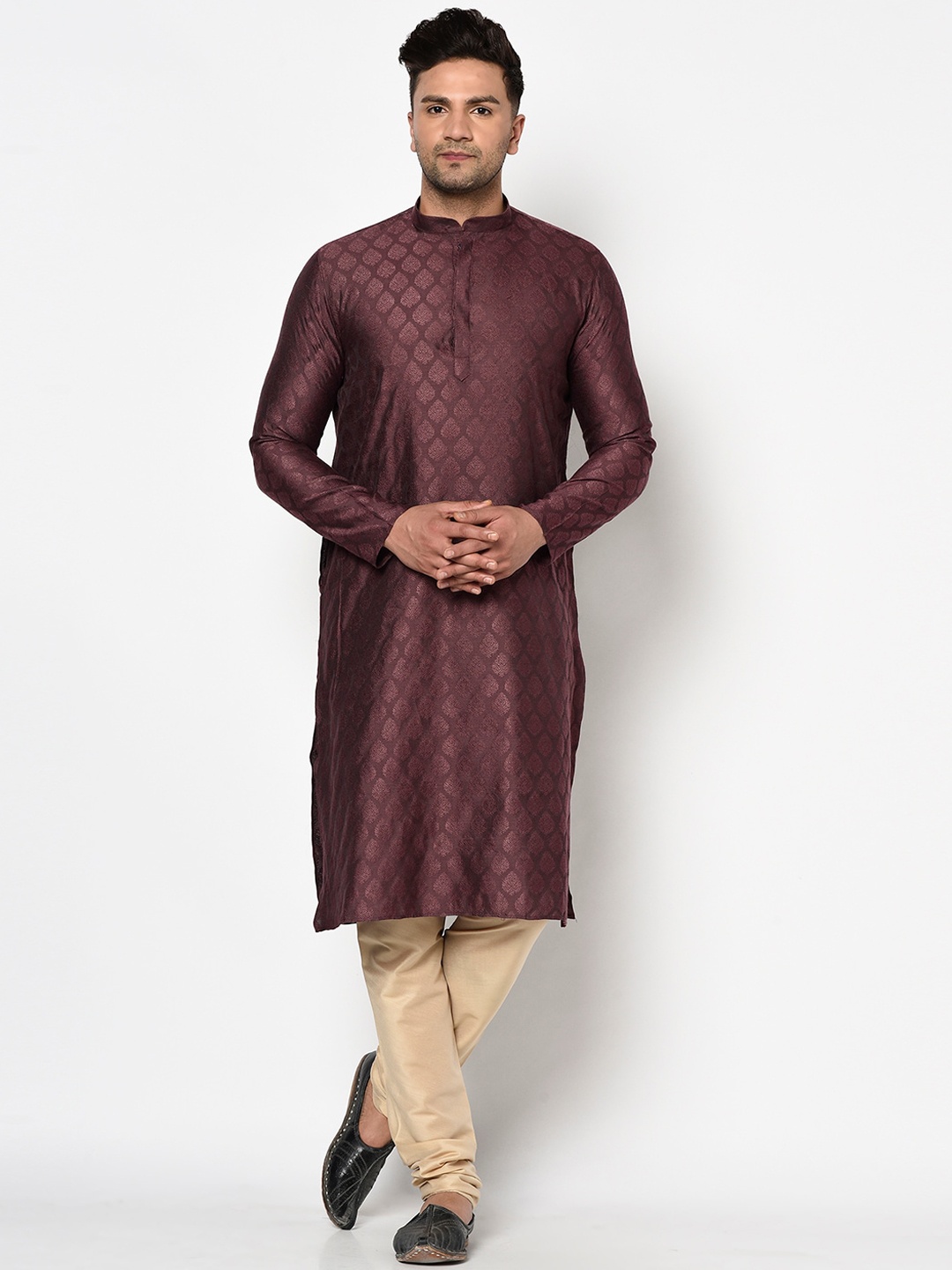 

TABARD Men Purple Jacquard Self Design Dupion Silk Kurta with Churidar