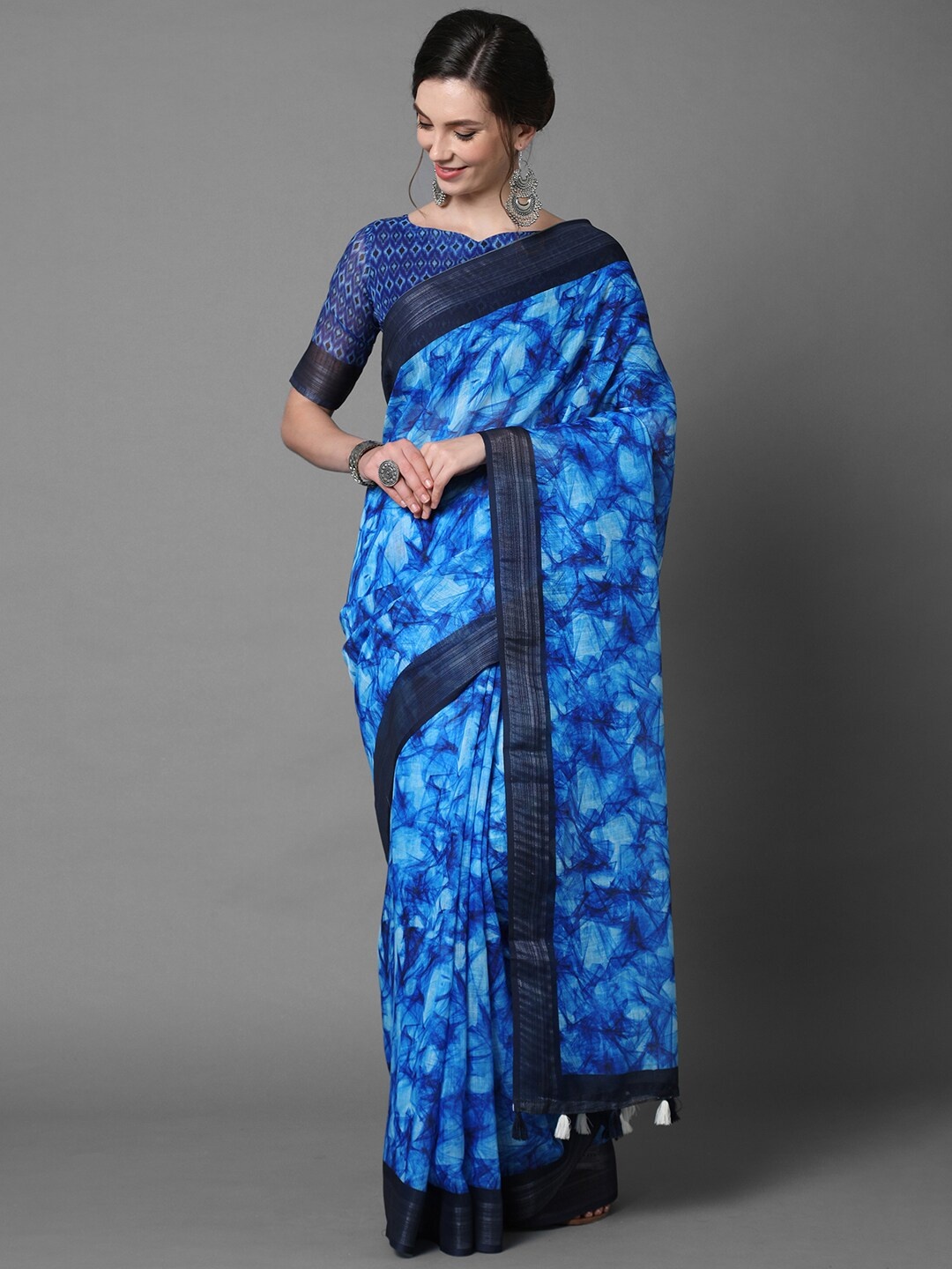 Mitera Blue & Black Floral Linen Blend Saree