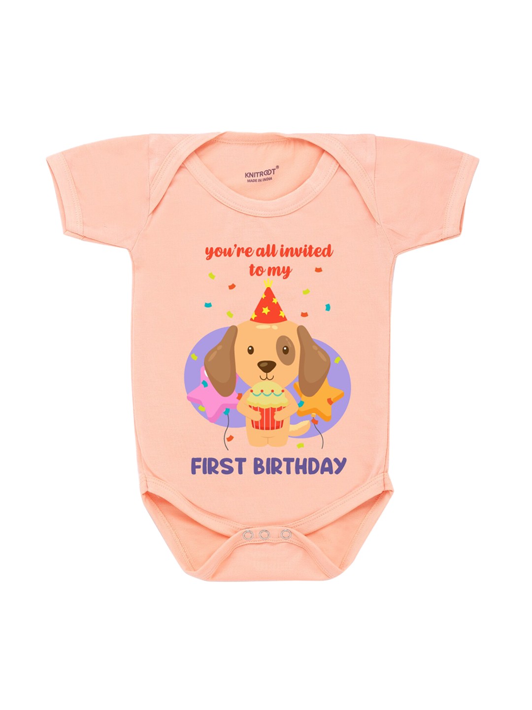 

KNITROOT Infant Kids Peach-Coloured & Red Graphic Printed Bodysuit