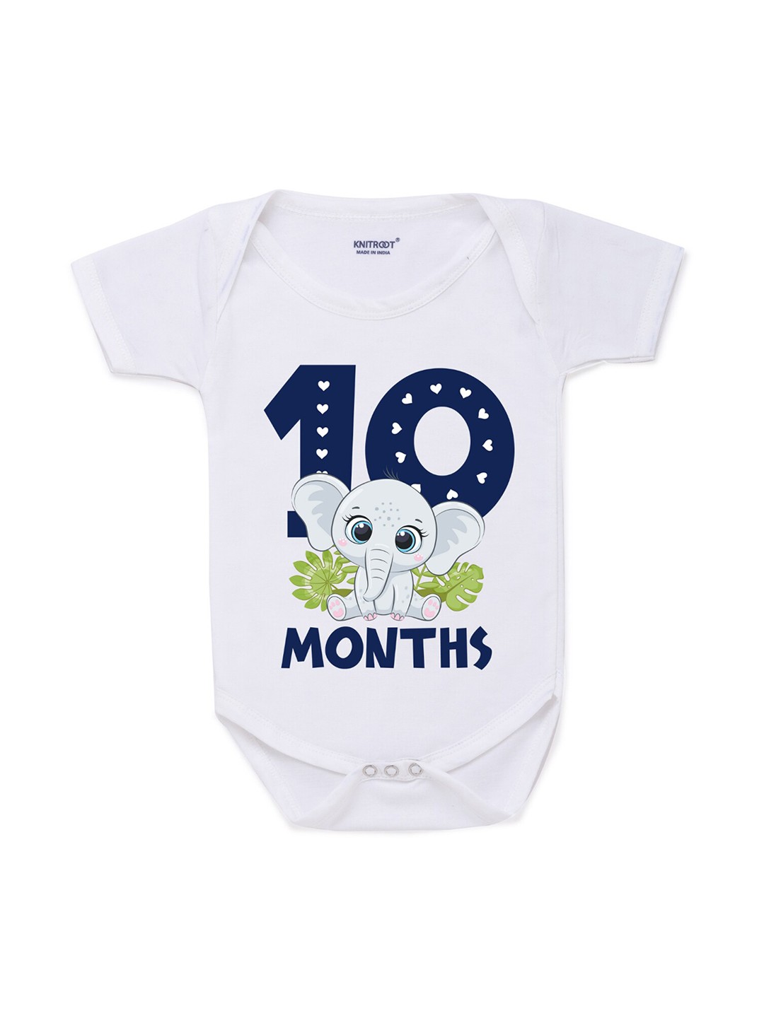 

KNITROOT Infant Kids White & Navy Blue Elephant Ten Month Printed Bodysuit