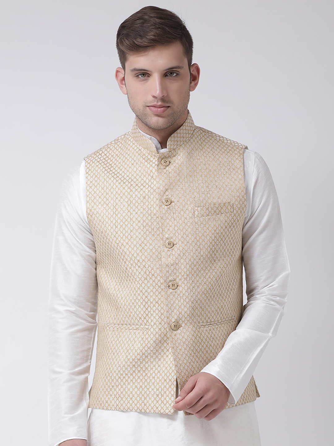 

TABARD Men White & Beige Woven Design Nehru Jacket