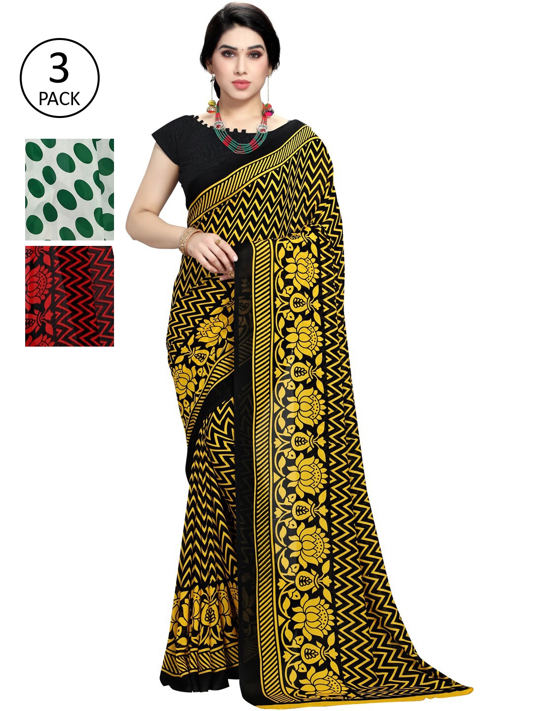 

KALINI Women Pack of 3 Printed Poly Georgette Sarees, White