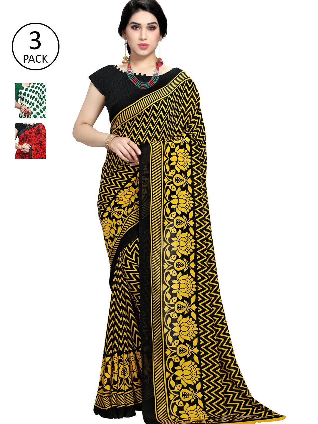 

KALINI Women Pack of 3 Printed Poly Georgette Sarees, White