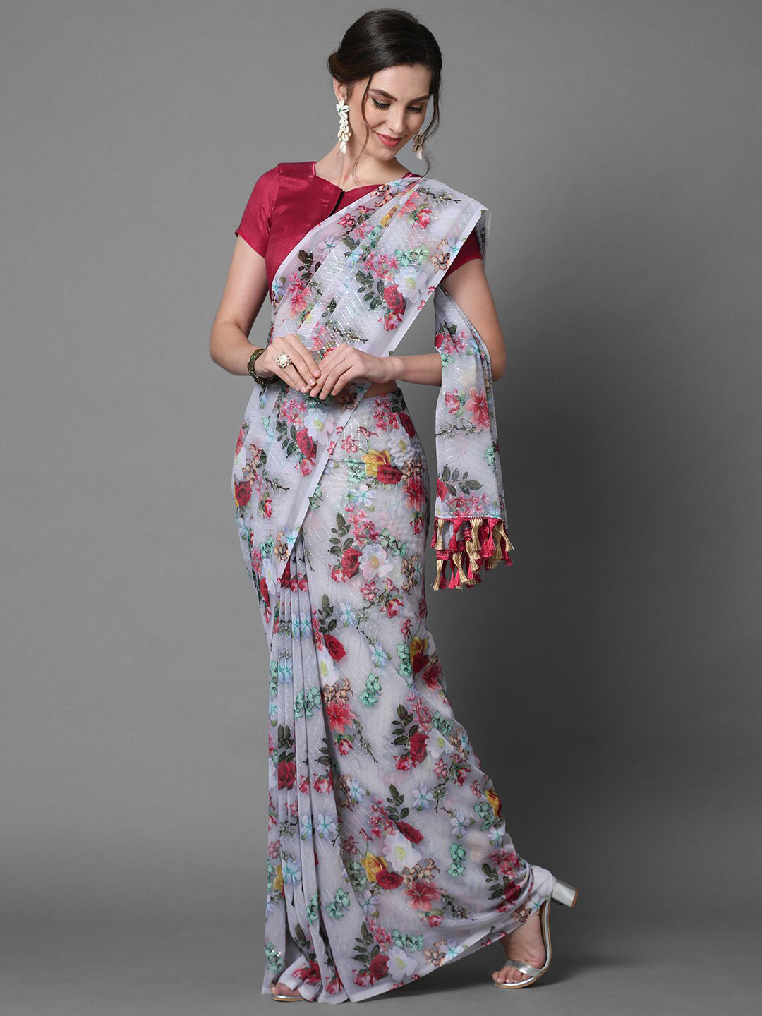 

Mitera Grey & Pink Floral Sequinned Saree